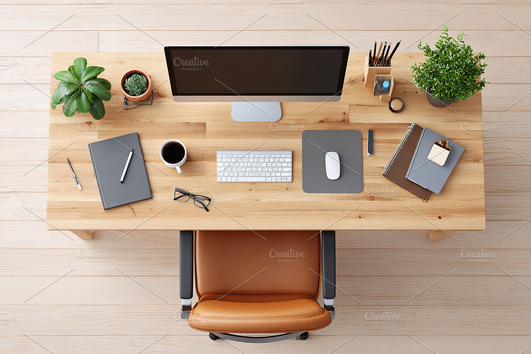 Modern workspace with computer, stationery, and plants on a wooden desk in an o, a Photo by AlyaAnd
