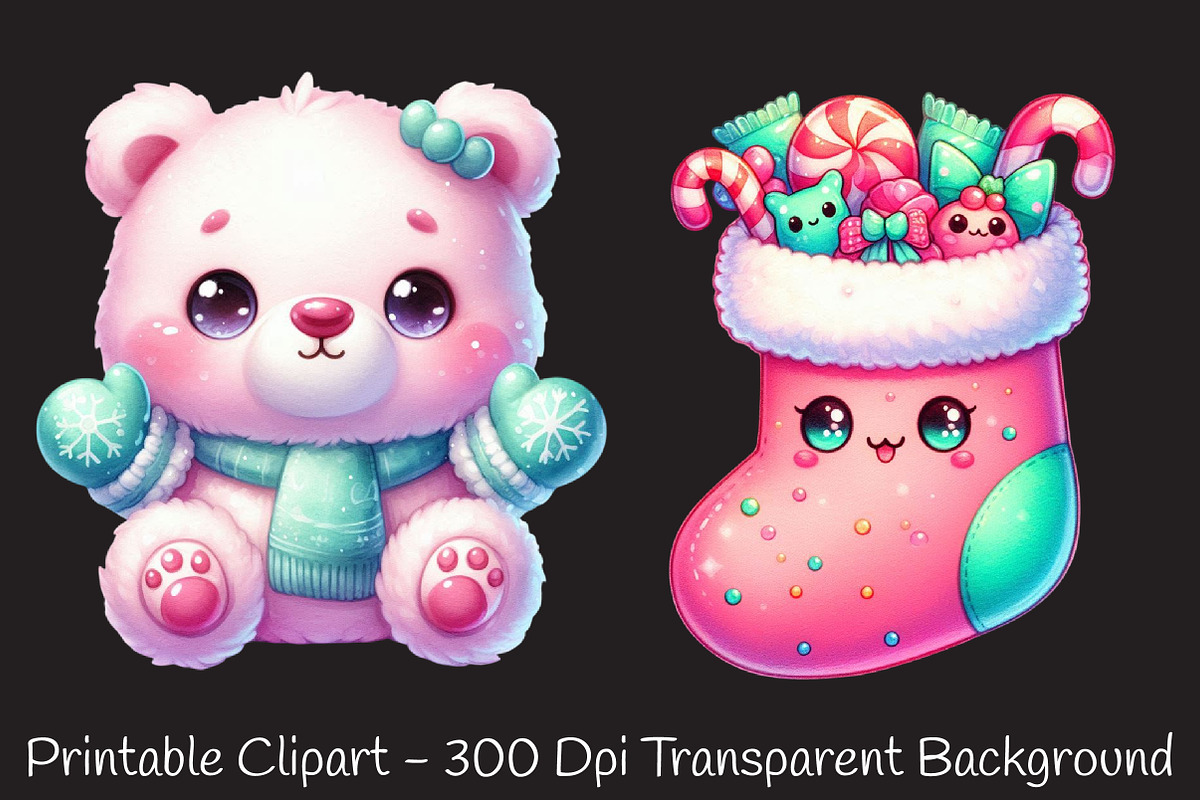 Kawaii Pink Mint Christmas Clipart, an Illustration by RobertsArt (Photo 3 of 7)