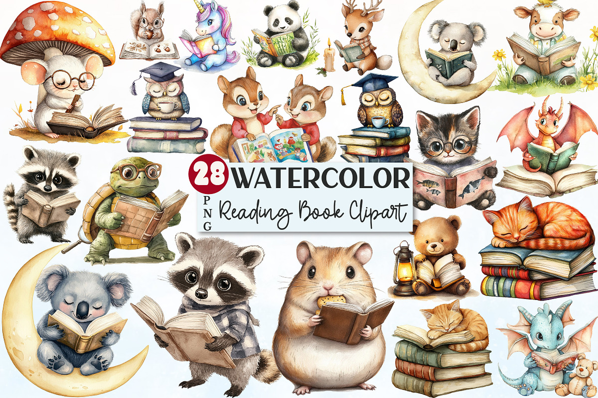 Cute Animals Reading Book Clipart, a Seasonal Illustration by Rose Art (Photo 1 of 4)