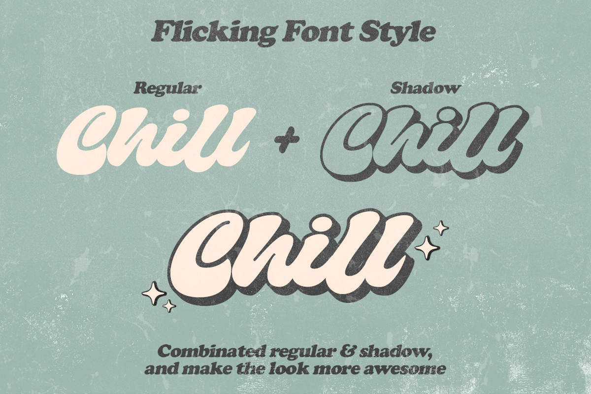 Flicking - Groovy Retro (Shadow), a Script Font by Dharmas Foundry (Photo 6 of 13)