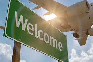 Welcome Green Road Sign and Airplane, a Transportation Photo by Andy Dean Photography
