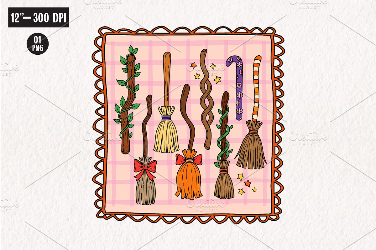 Halloween Witch Broom Hand-Drawn Fra, an Illustration by CreationArt (Photo 1 of 5)