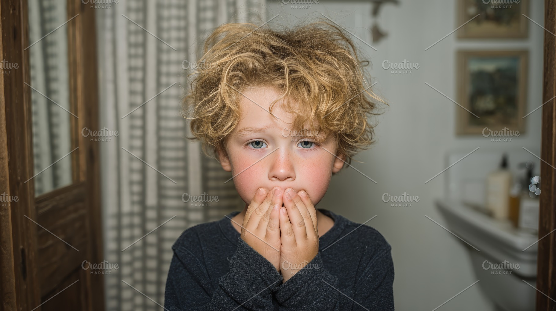 Young child in a thoughtful moment indoors with hands covering their mouth, a Photo by AS photostudio