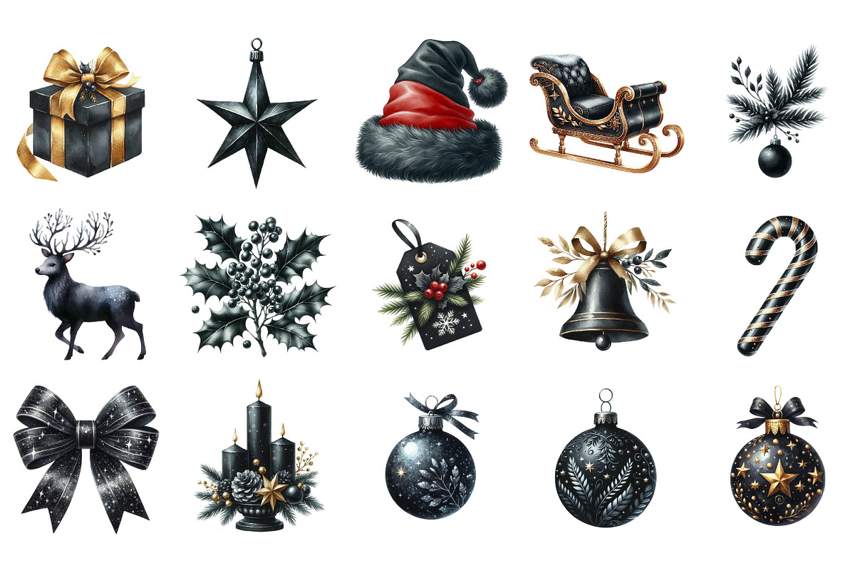 Black Christmas Clipart Set, an Illustration by Designking (Photo 2 of 5)