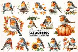 Watercolor Robin Birds Clipart, Fall, an Illustration by Pixels.Craft