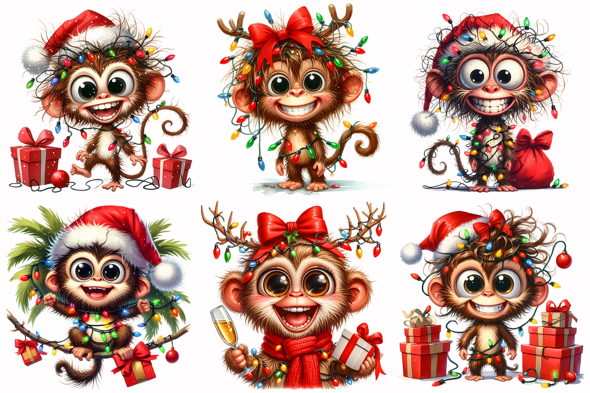 Funny Christmas monkeys clipart, an Animal Illustration by AnetArtStore (Photo 2 of 7)