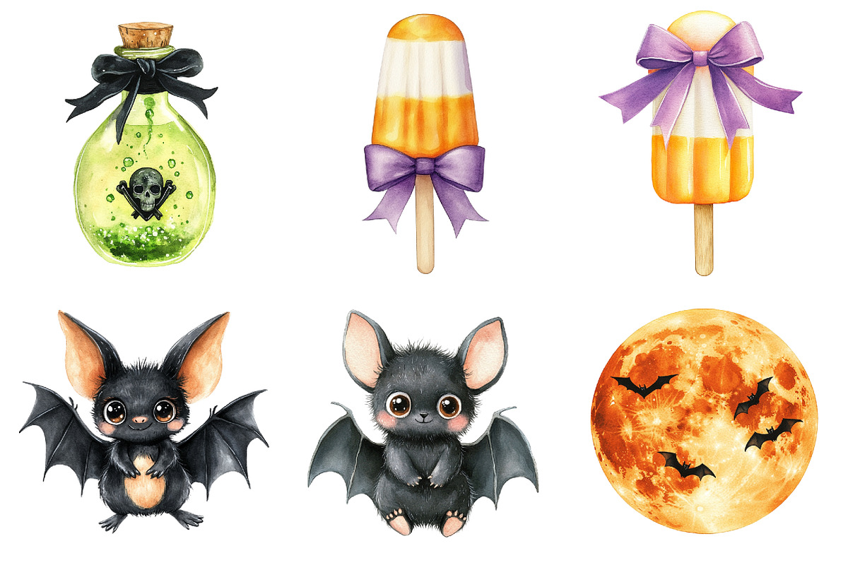 Watercolor Cute Halloween Clipart, a Seasonal Illustration by CitraGraphics (Photo 4 of 7)