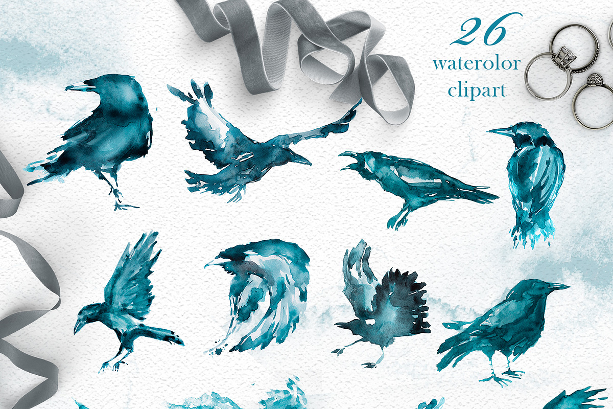 Watercolor Raven Clipart Set, an Animal Illustration by ArtCreationsDesign (Photo 6 of 7)