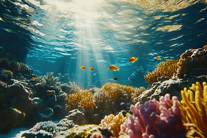 Colorful coral reef teeming with vibrant fish under clear water at midday, a Photo by AlyaAnd