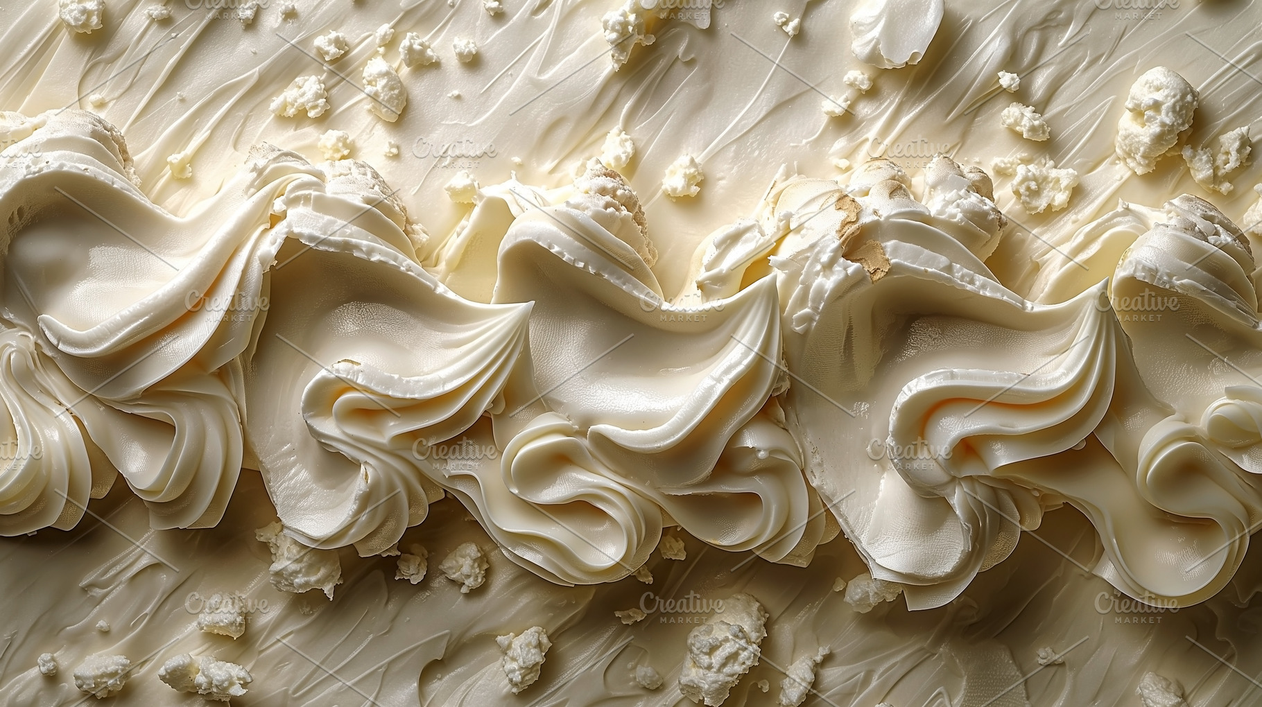 Close-up of swirls of creamy white frosting, showcasing smooth t, a Food & Drink Photo by ImageMir