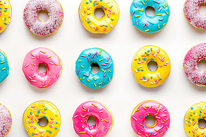 Pattern of sweet and colorful donuts on white background, a Food & Drink Photo by AlyaAnd