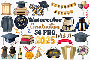 Watercolor Graduation Clipart Set, an Illustration by CropUp Creative
