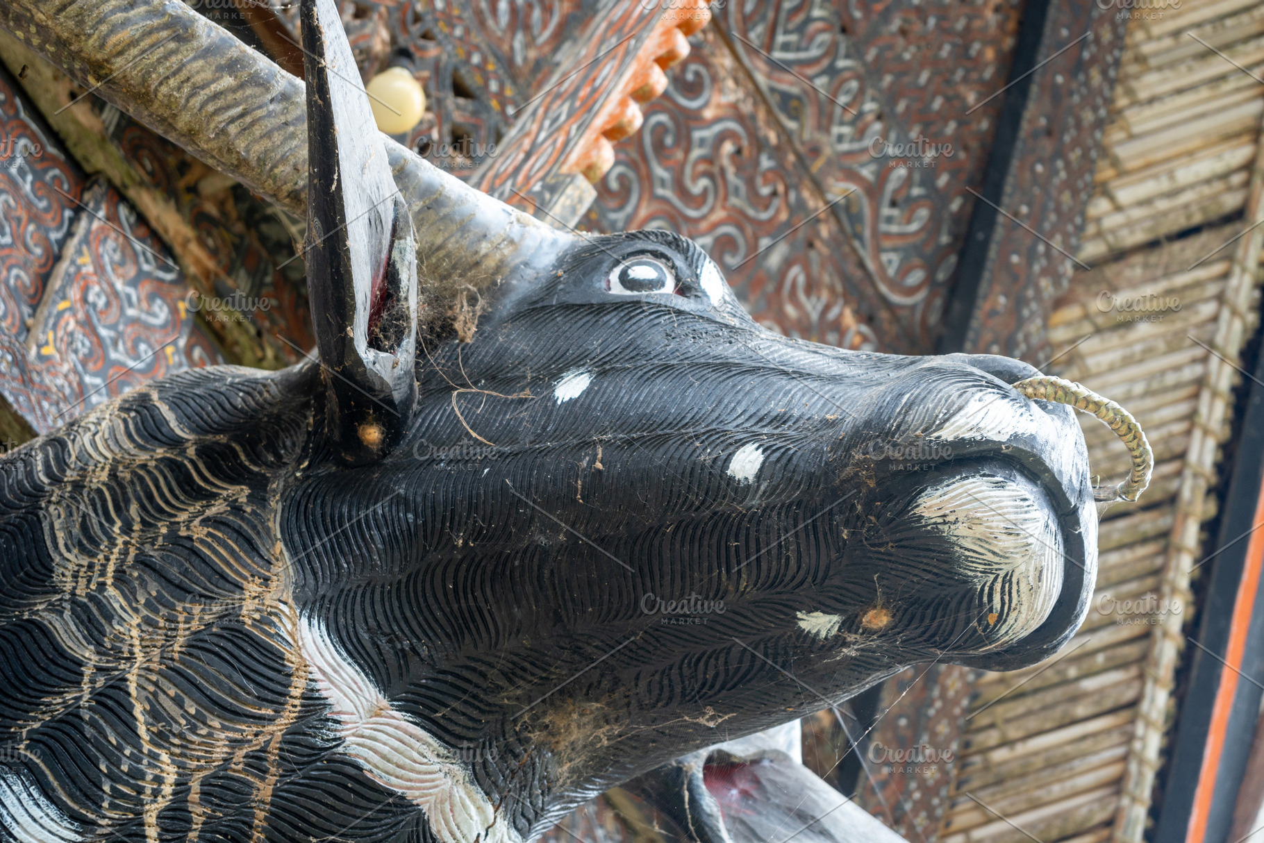 Carved buffalo head on Toraja house, Sulawesi, Indonesia, an Architecture Photo by GoodGoods