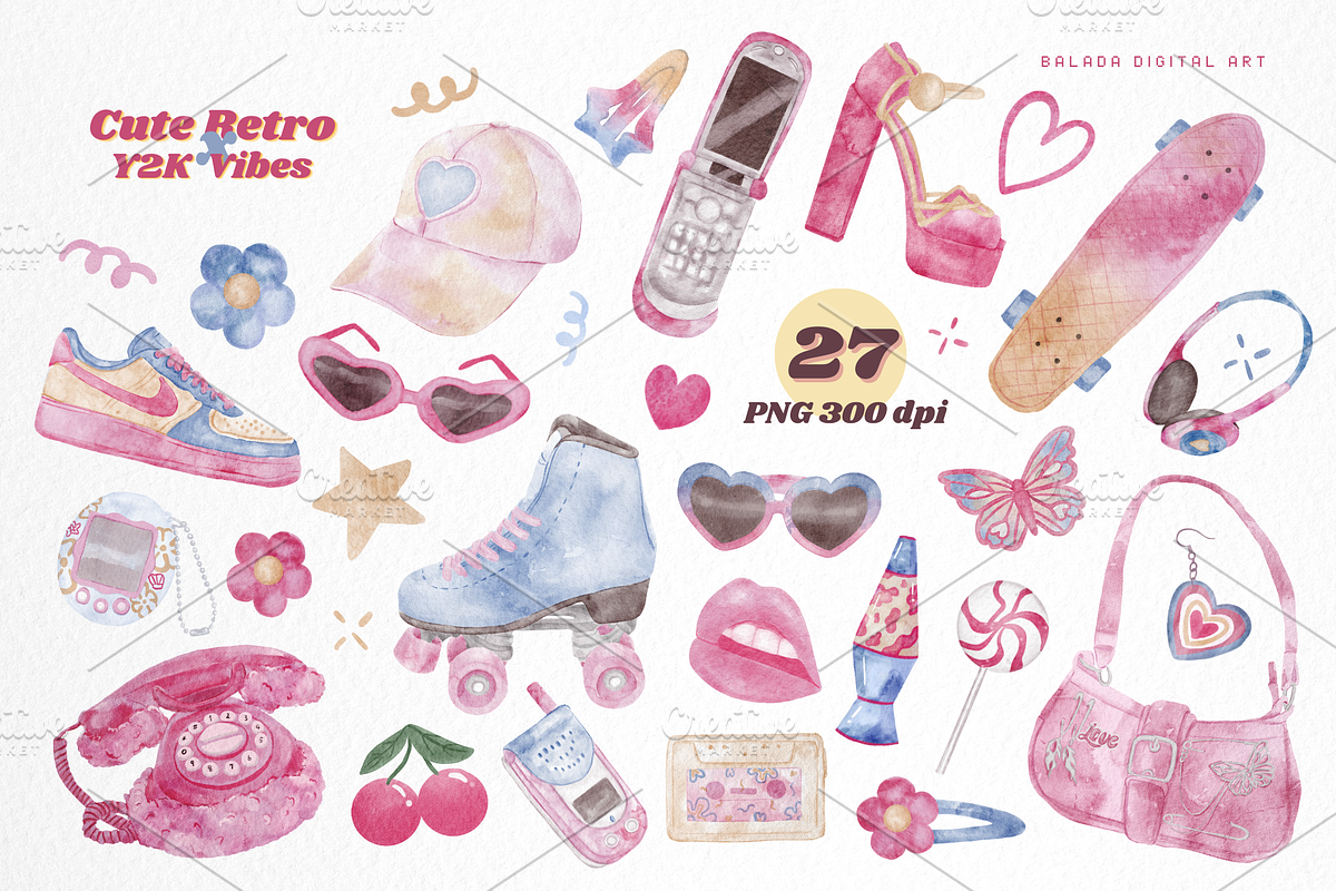 Y2k Retro Watercolor Clipart bundle, a Technology Illustration by Balada Digital Art (Photo 2 of 16)
