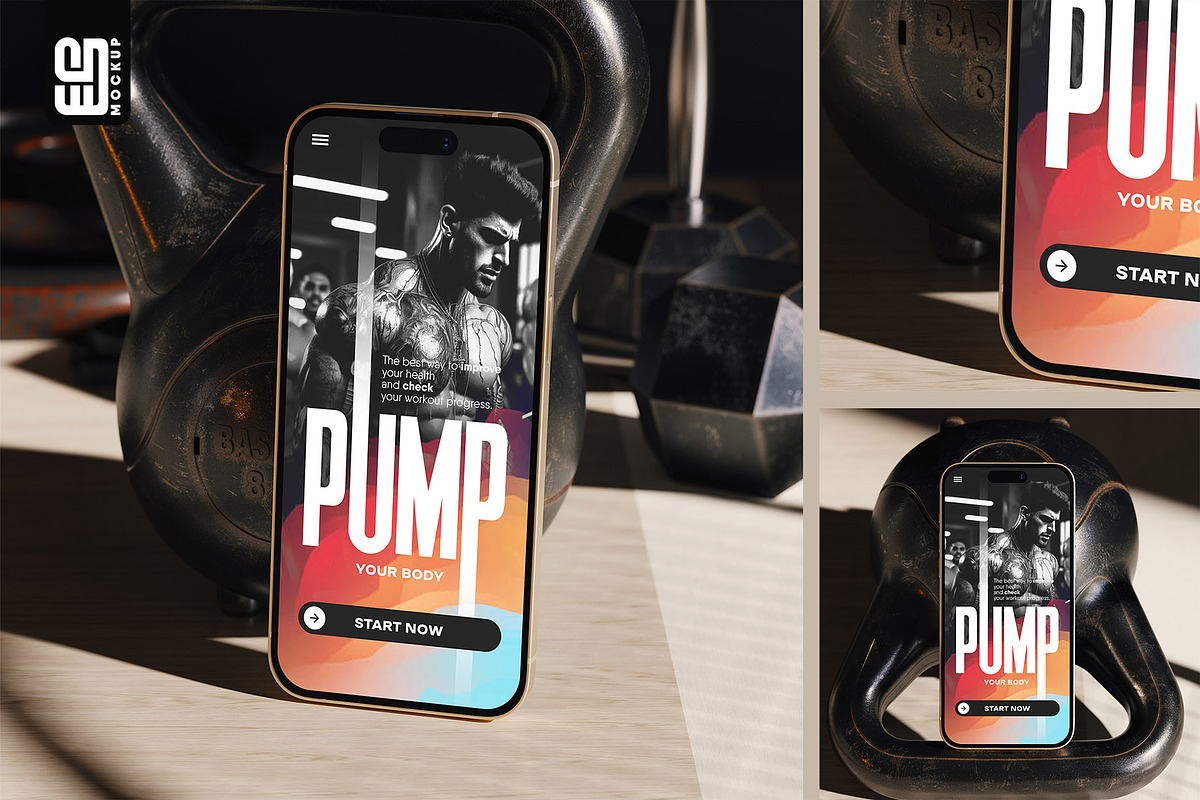 Smartphone with Dumbbells Mockup, an iPhone Mockup by SD Mockup (Photo 1 of 3)