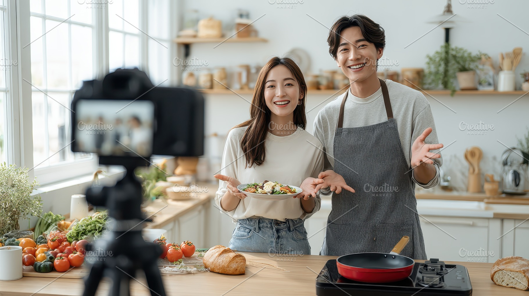 Happy Couple Cooking Show Healthy Fo, a Photo by Pixeness Studio