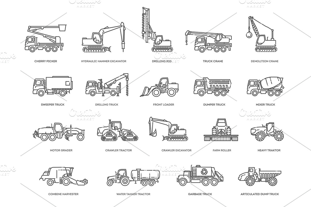Construction machinery outline icons, an Outline Icon by Tettygreen (Photo 2 of 2)