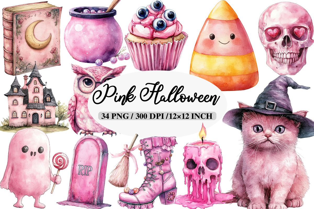 Watercolor Pink Halloween Clipart, an Illustration by Daily.Designs (Photo 1 of 5)