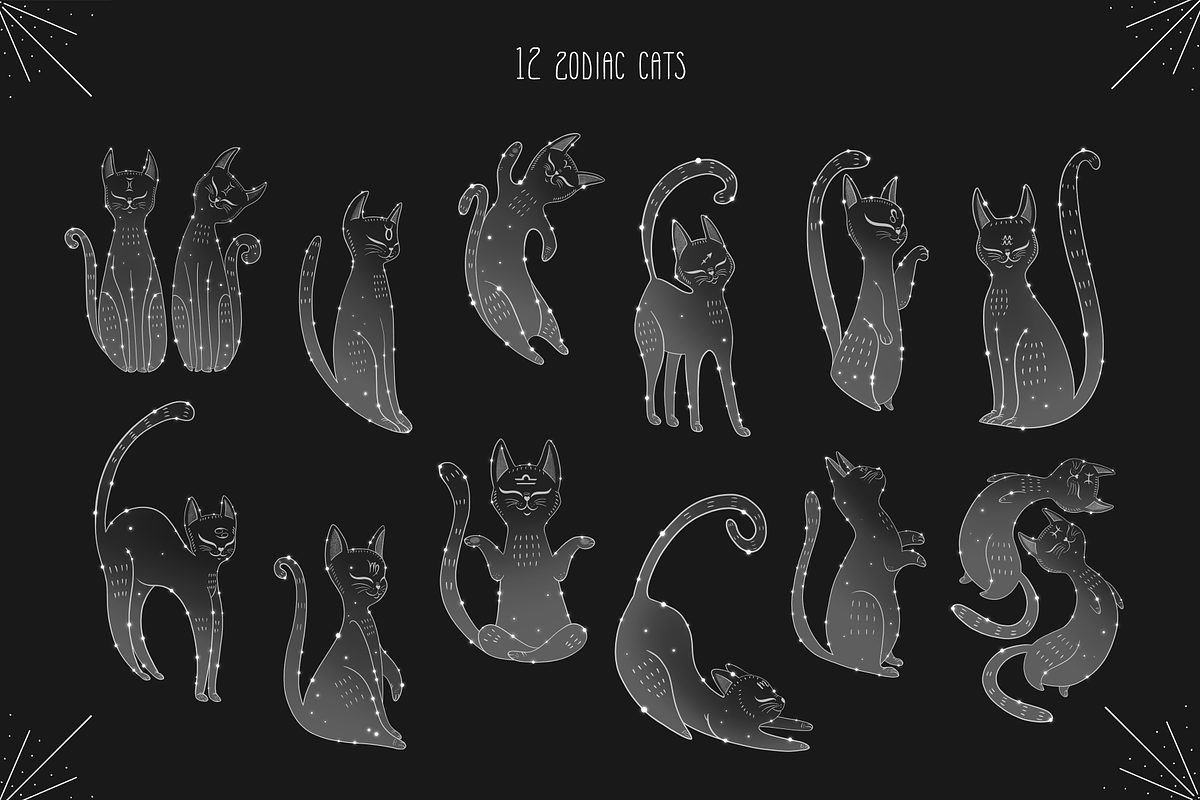Zodiac Cats.Mystic astrology clipart, an Animal Illustration by Samnay Arts (Photo 2 of 16)