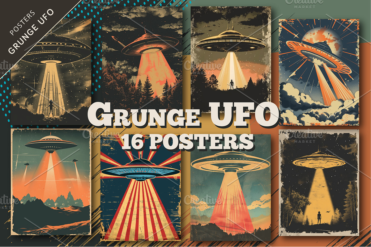 Grunge UFO posters. Retro Art., a Decorative Illustration by KENO Mascots (Photo 1 of 5)
