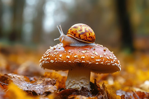 Snail calmly rests on a mushroom, a Photo by Pavel_design