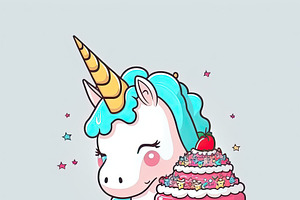 Beautiful And Childish Unicorn With A Delicious Birthday Cake On A Colorful Bac