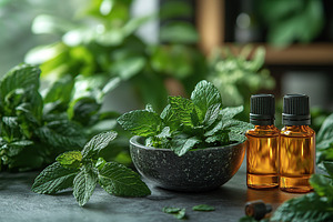 Small bottles of mint essential oil with mint leaves in mortar, a Nature Photo by AlyaAnd