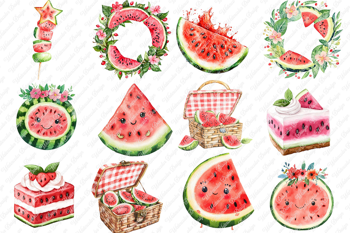 Summer Juicy Watermelon Clipart, an Illustration by Watercolor design (Photo 2 of 11)