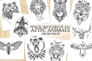 All aztec animals pencil sketches