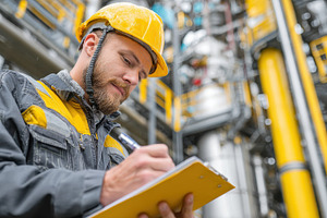 Industrial Worker Writing Notes Safe, a Photo by Pixeness Studio