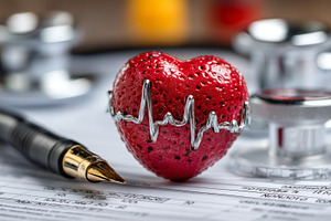 Red strawberry as heart with ECG line and medical tools, a Photo by AS photostudio