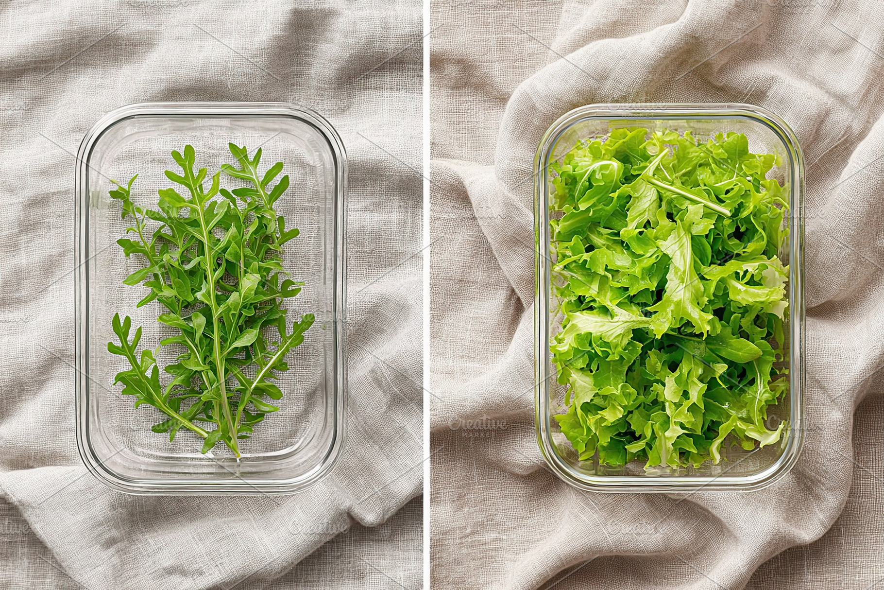 Fresh arugula leaves arranged neatly in a glass container ready for culinary us, a Photo by AlyaAnd