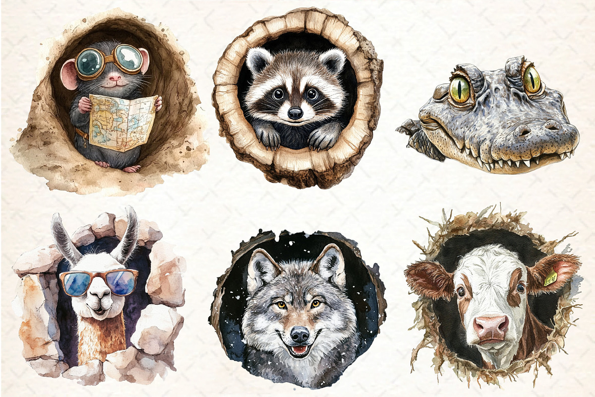 Funny Animals in Hole Clipart Bundle, an Illustration by DreamCafeArt (Photo 4 of 8)