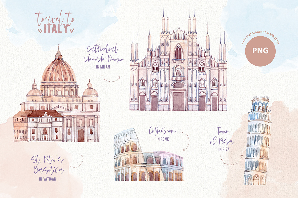 Travel to Italy. Watercolor Clipart, an Illustration by VerAna (Photo 2 of 11)