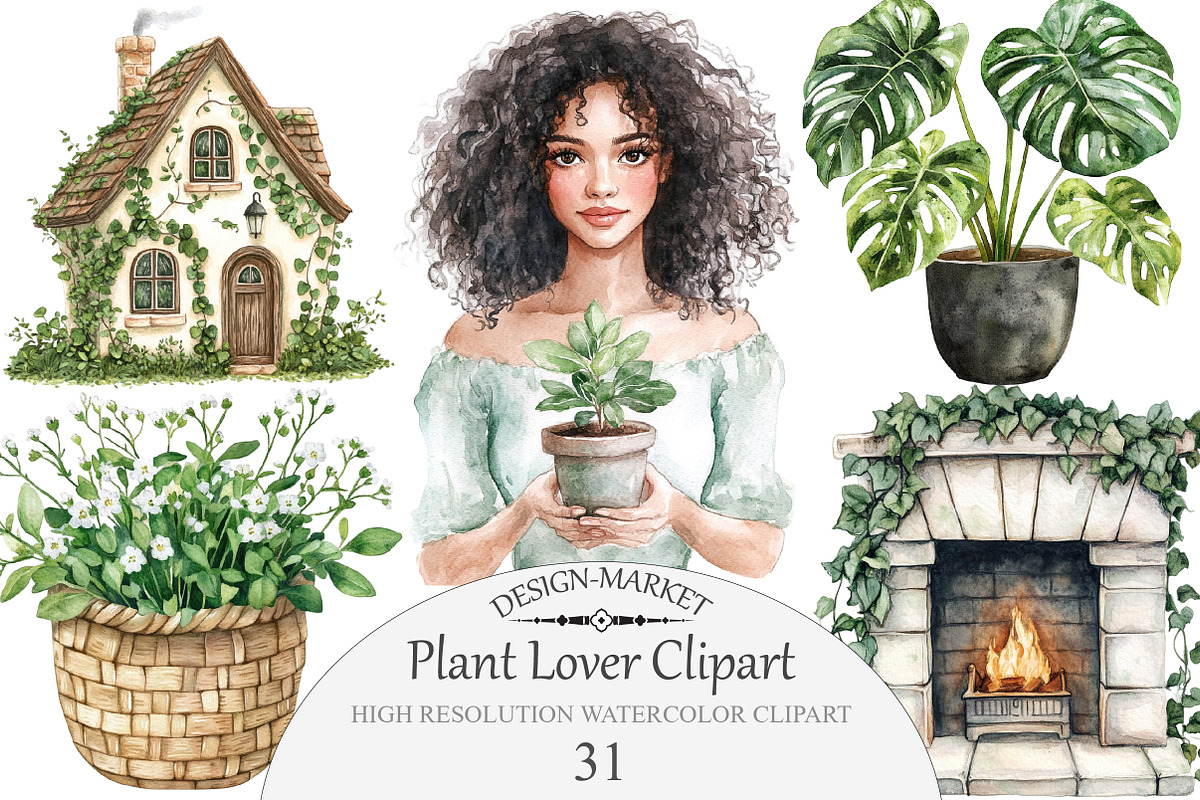 Watercolor Plant Lover Clipart, an Illustration by Design Market (Photo 1 of 4)