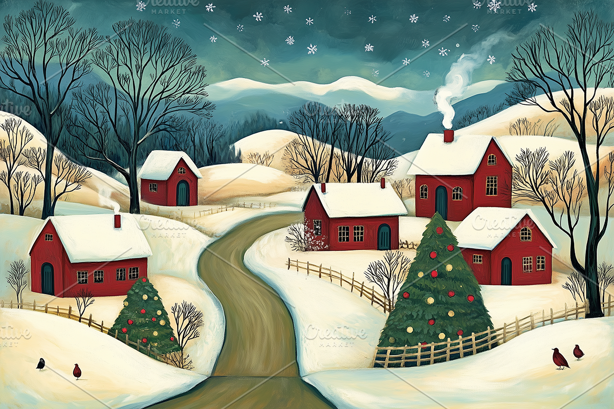 Christmas Folk Houses in Snow Art, a Decorative Illustration by Art Paradise Studios