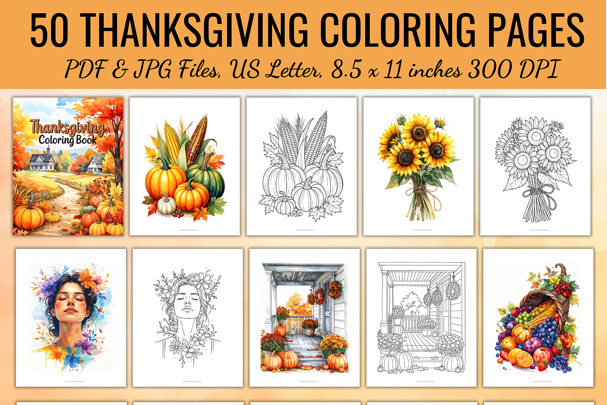 50 Thanksgiving Coloring Pages, an Object Illustration by Daffodil Dream Studio (Photo 1 of 13)