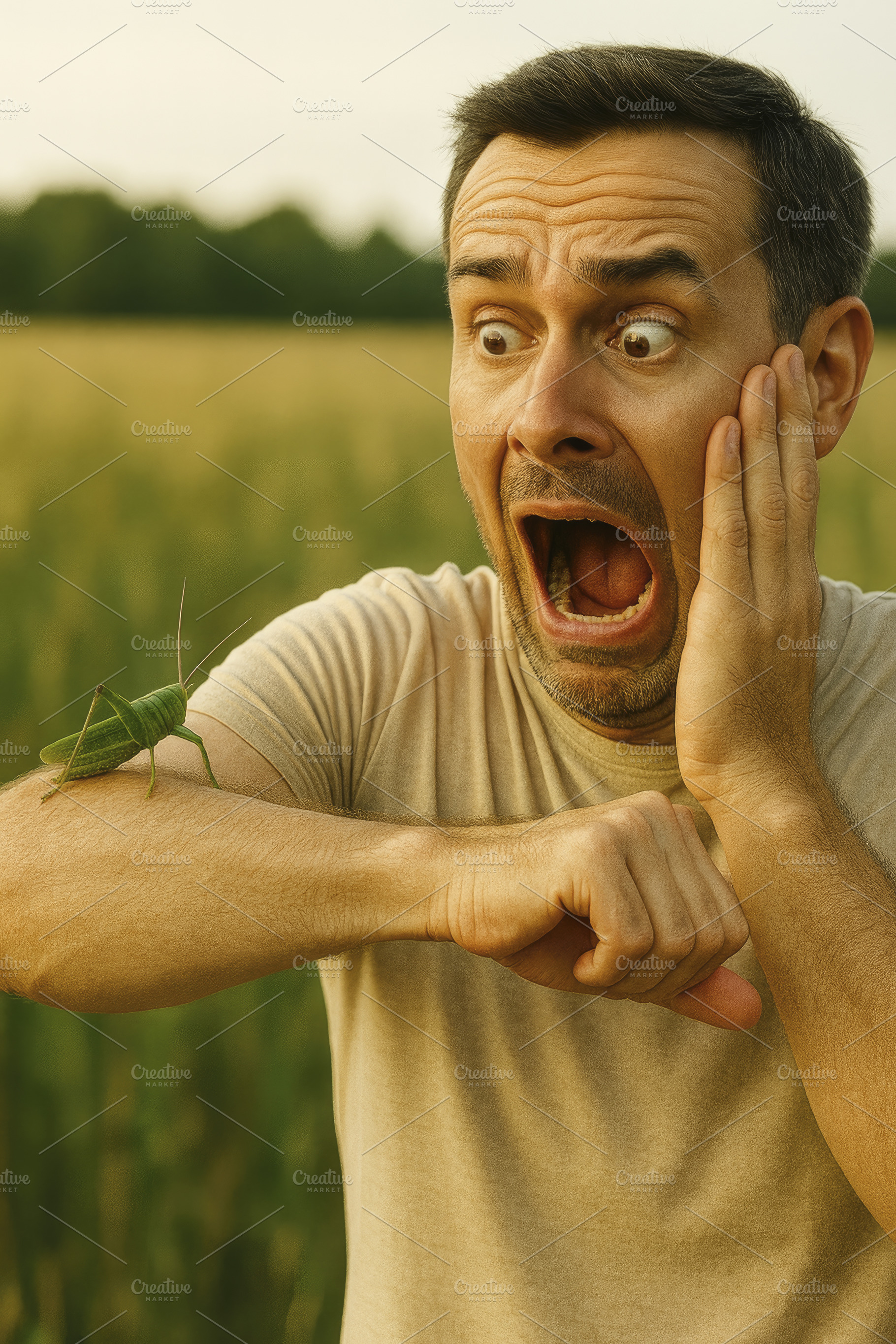 a frightened man faces a grasshopper, generative AI, a Photo by Nito
