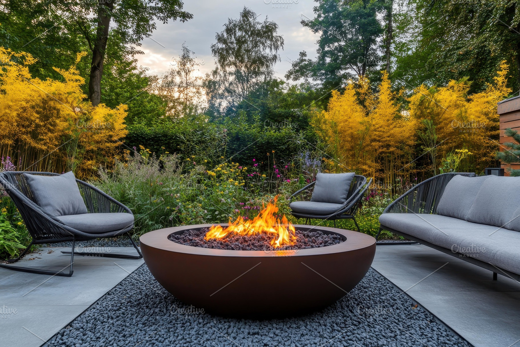 Cozy evening around a vibrant fire p, a Photo by Tanuart
