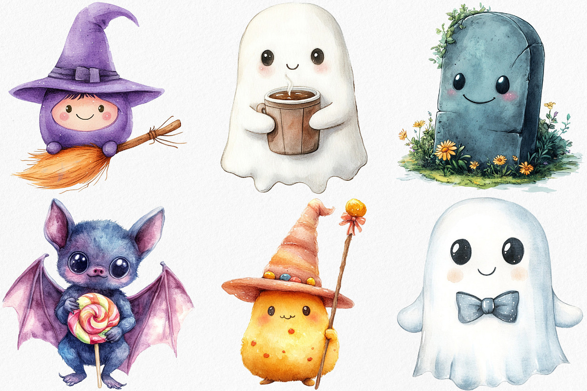 Watercolor Kawaii Halloween Clipart, an Illustration by Canvas Craft (Photo 5 of 8)