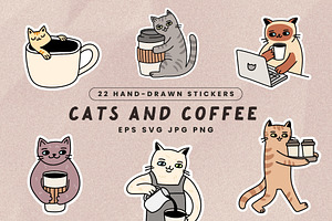 22 Hand Drawn Cats & Coffee Stickers