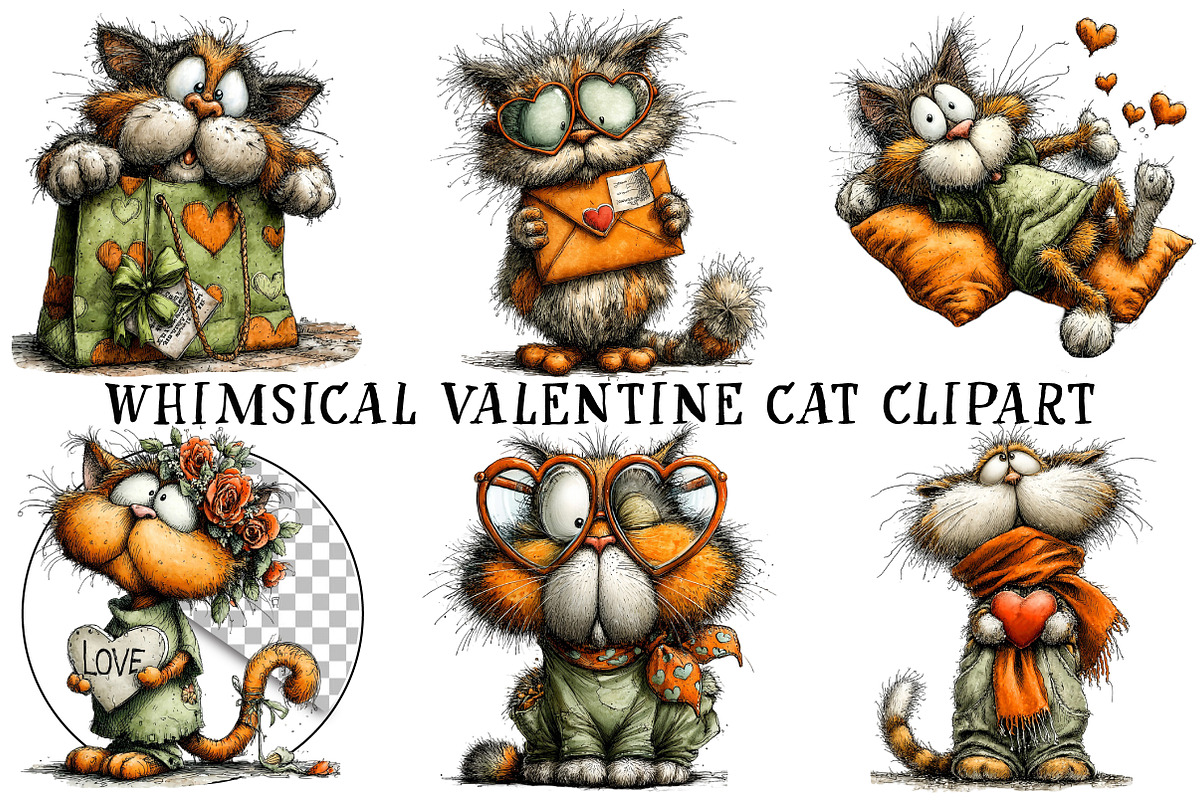 Whimsical Valentine Cat Clipart, an Illustration by OK Design (Photo 2 of 6)