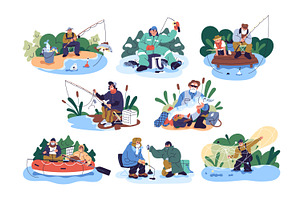 Fishermen catch fish, fishing set, a Person Illustration by PaperTrident