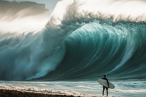 Surfer contemplates massive waves during sunset at a beautiful c, a Photo by AlyaAnd