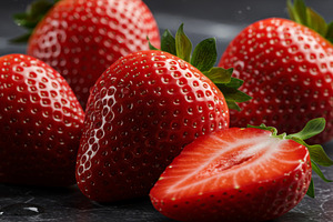 Group of fresh strawberries with one, a Food & Drink Photo by professorinc
