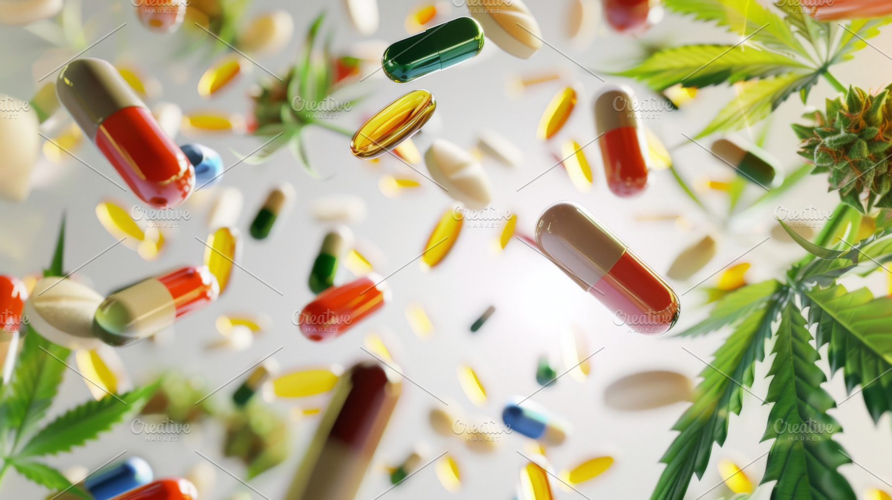 Colorful pills and cannabis leaves scattered on white background, a Photo by Dvoevnore photos