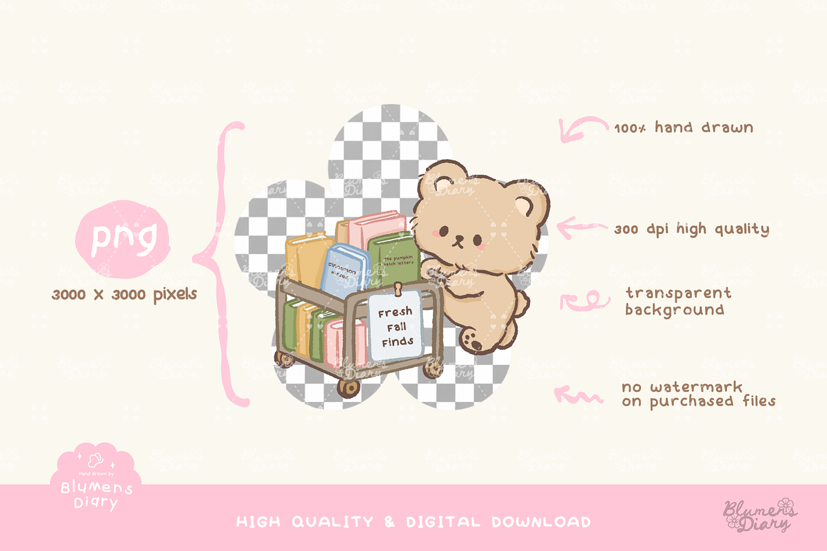 Kawaii Bear Autumn Library Clipart, an Animal Illustration by Blumensdiary (Photo 3 of 6)