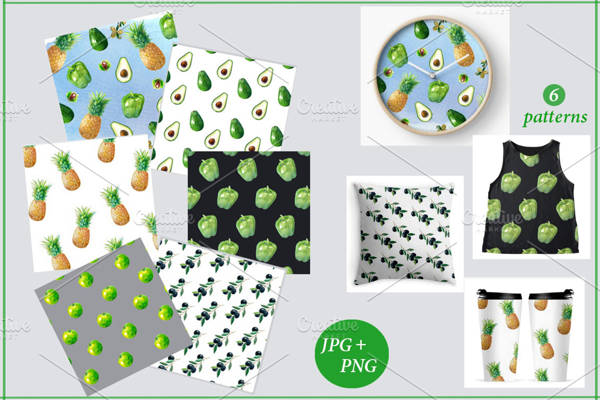Watercolor green fruits,vegetables., a Food Illustration by yulia.sukhanova (Photo 2 of 3)