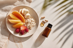 Healthy breakfast with fruits, oats, and supplements on a marble table, a Food & Drink Photo by AlyaAnd