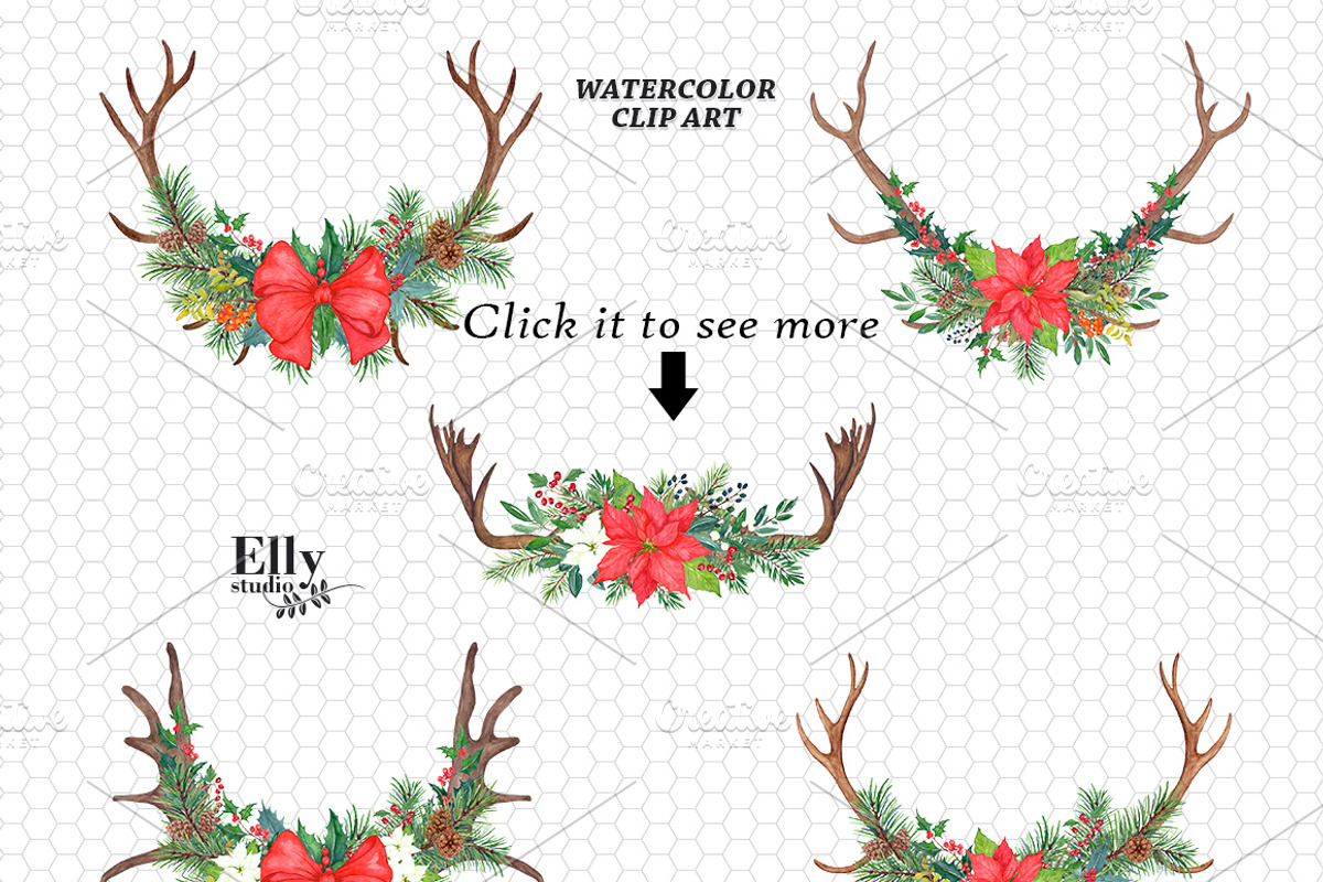 Watercolor Christmas Antler Clipart, a Decorative Illustration by Elly Studio (Photo 2 of 7)